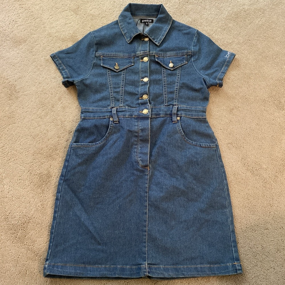 BEBE WOMEN'S MEDIUM WASH DENIM STRETCH MINI DRESS CRYSTAL LOGO NWT SIZE S